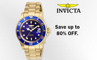 A gold Invicta watch with a blue dial on a light silver and white background. An Invicta logo in the top right. The text reads "Sve up to 80% OFF." ,