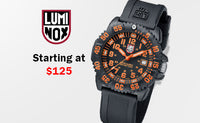 A black and orange dial Luminox watch on a light silver and white background. A Luminox logo in the top left. The text reads "Starting at $125" ,