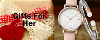 A pink Wenger and a silver bracelet on a background of presents. The text reads "gifts for her." ,