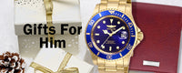 A gold Invicta watch and a red S.T. Dupont wallet on a background of presents. The text reads "gifts for him" ,
