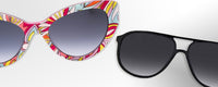 A multicolored pair of sunglasses and a black pair of sunglasses on a light silver and white background. ,