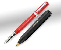 A red fountain pen, a black ballpoint Kaweco pen on a light silver and white background. ,