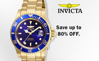 A blue dial gold tone Invicta watch. An Invicta logo in the top right. The text reads "Save up to 80% off" ,
