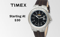 A black dial brown strap Timex watch on a light silver and white background. A Timex logo in the top left. The text reads "starting at $30" ,