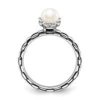 Sterling Silver Stack Exp. Polished Patterned White FW Cultured Pearl Ring | QSK610 ,