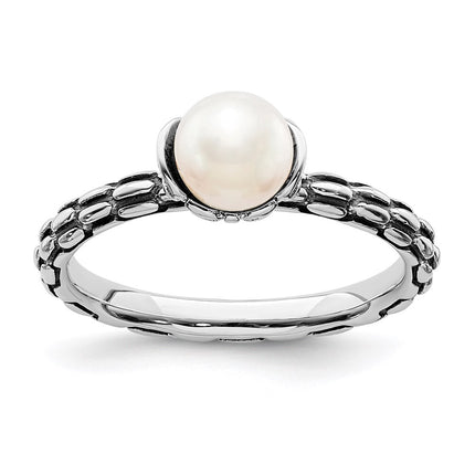 Sterling Silver Stack Exp. Polished Patterned White FW Cultured Pearl Ring | QSK610 ,