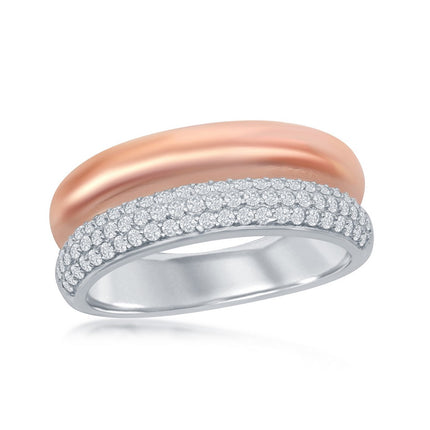 Sterling Silver TT Micro Pave Rose GP Double Band Ring - W-2053 ,