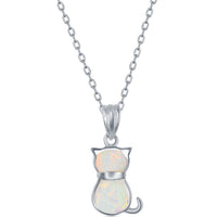 Women's Necklace and Earrings Set - Sterling White Inlay Opal Cat | SET-578 ,