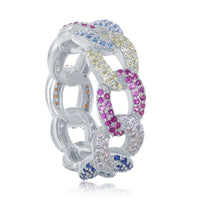 Sterling Silver Multi-Color CZ Cuban Link Ring - W-2443 ,