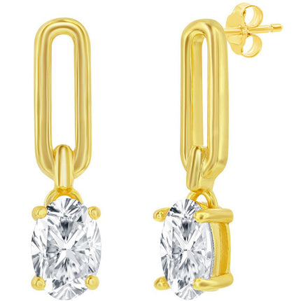 Classic Women's Earrings - Gold Plated Paperclip Oval White CZ Post Back | D-8257-GP ,