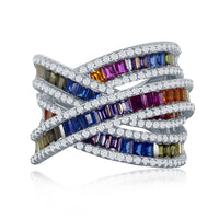 Sterling Silver Rainbow Baguette CZ Double X Ring - W-2435 ,