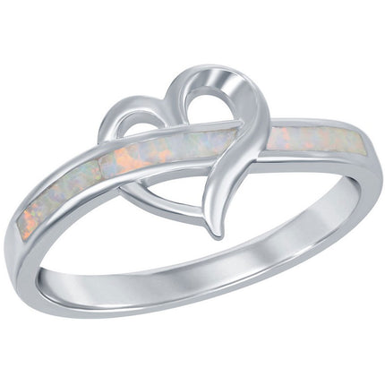Sterling Silver Open Heart White Inlay Opal Ring ,