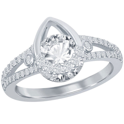 Classic Women's Silver Pear-shaped Round CZ Ring - W-2626 ,