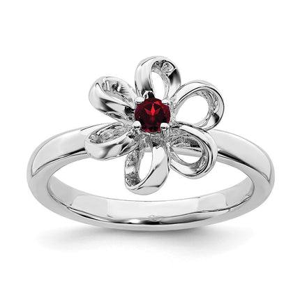 Sterling Silver Stackable Expressions Polished Garnet Flower Ring | QSK115 ,