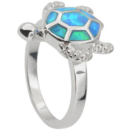 Sterling Silver Blue Inlay Opal Turtle Ring ,