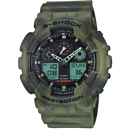 Casio Men's Watch - G-Shock Black and Blue Ana-Digi Dial Green Strap | GA100MM-3A ,