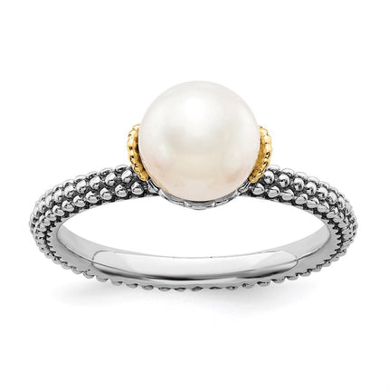 Sterling Silver & 14k Stack Exp. 7.0-7.5mm White FW Cultured Pearl Ring | QSK856 ,