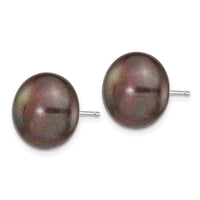 14k White Gold 12-13mm Black Button FW Cultured Pearl Stud Post Earrings ,