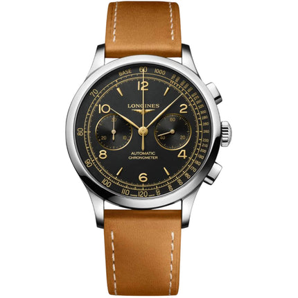 Longines Men's Watch - Record Chronograph Black Dial Brown Leather Strap | L29214562 ,