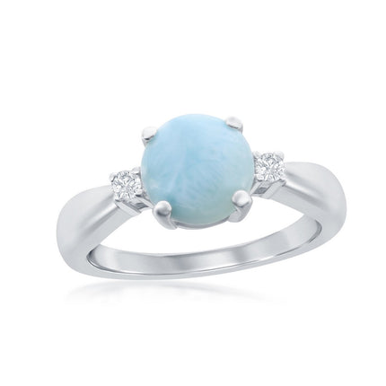 Sterling Silver 4 Prong Round Larimar with CZ Ring, Size 9 ,