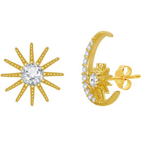 Classic Women's Earrings - Gold Plated Sun and Moon CZ Stud Post Back Closure | D-7825 ,