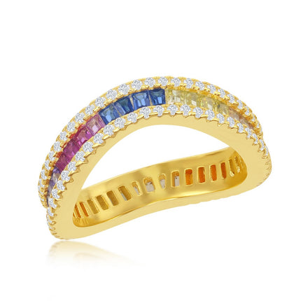 Sterling Silver GP Rainbow Baguette CZ Wavy Ring - W-2442-GP ,