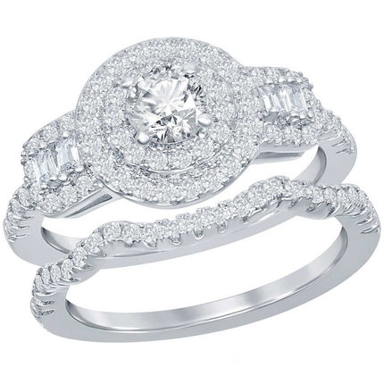 Classic Women's Double Halo White CZ Ring Set - W-2407 ,