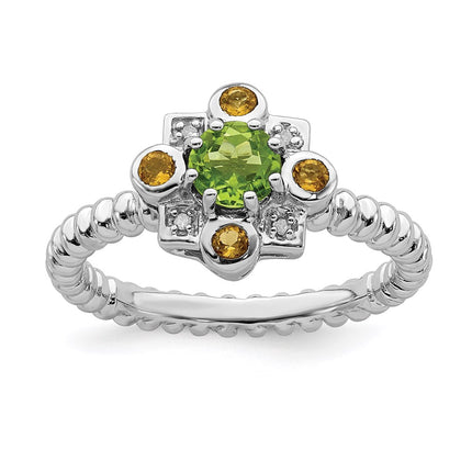 Sterling Silver Stackable Expressions Peridot, Citrine & Diamond Ring | QSK857 ,