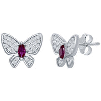 Classic Women's Earrings - Sterling Silver White and Ruby CZ Butterfly Stud | D-7535 ,