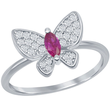 Classic Women's Butterfly White and Ruby CZ Ring - W-2586 ,
