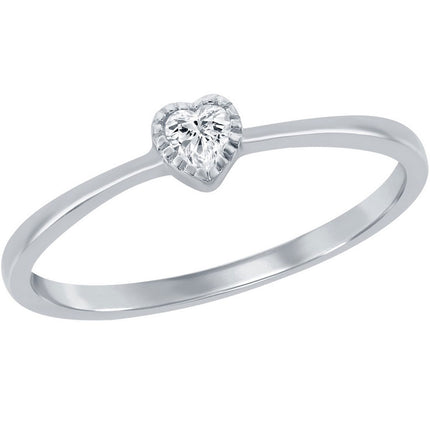 Classic Women's Silver Heart Shape White CZ Ring - W-2749 ,