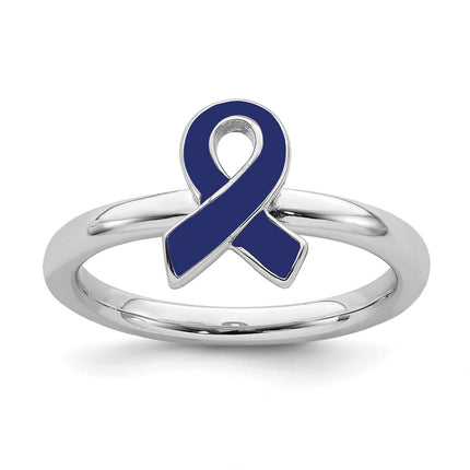 Sterling Silver Stackable Expressions Blue Enameled Awareness Ribbon Ring | QSK939 ,