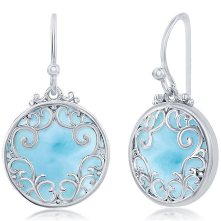 Women's Earrings - Silver Round Larimar Filigree Design | D-7873 ,