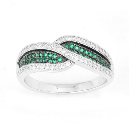 Sterling Silver Crossed Emerald and CZ Micro Pave Ring - W-9908 ,