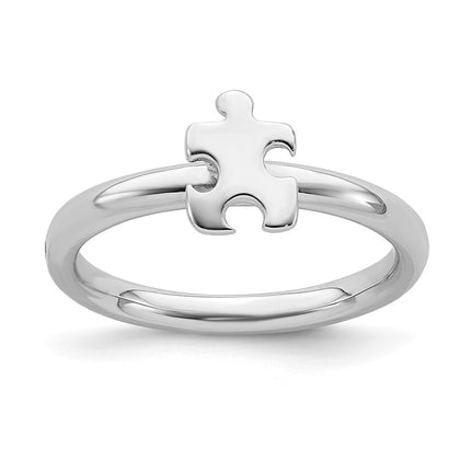 Sterling Silver Stackable Exp. Rhodium-plated Awareness Puzzle Piece Ring | QSK873 ,