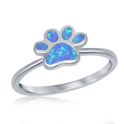 Sterling Silver Blue Inlay Opal Paw Print Ring ,