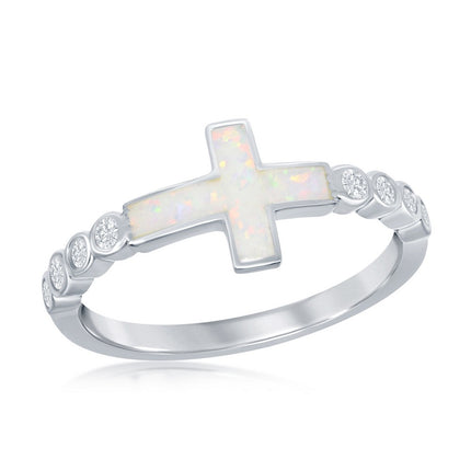 Sterling Silver White Inlay Opal Cross Half CZ Ring - W-2259 ,