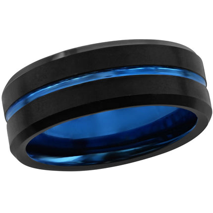 Men's Ring - Matte Black and Blue Stripe Tungsten, Size 9 | SW-2076-9 ,