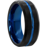 Men's Ring - Matte Black and Blue Stripe Tungsten, Size 9 | SW-2076-9 ,
