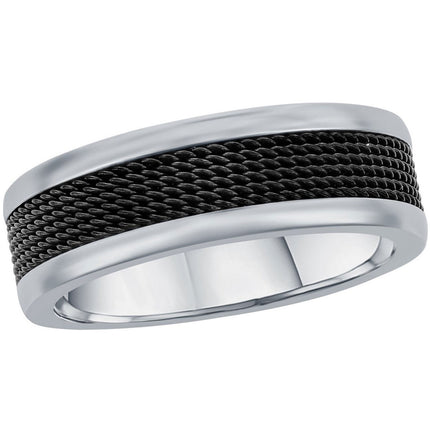Men's Ring - Silver Steel and Black Mesh Inlay Band, Size 9 | SW-2114-9 ,