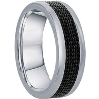 Men's Ring - Silver Steel and Black Mesh Inlay Band, Size 9 | SW-2114-9 ,