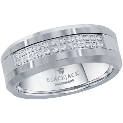 Men's Ring - Polished Double Row CZ Silver Tungsten, Size 9 | SW-2080-9 ,