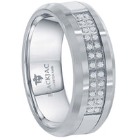 Men's Ring - Polished Double Row CZ Silver Tungsten, Size 9 | SW-2080-9 ,