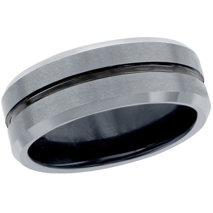 Men's Ring - Polished Silver and Black Stripe Tungsten, Size 9 | SW-2077-9 ,