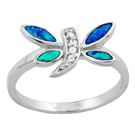 Women's Ring - Sterling Silver CZ and Blue Opal Dragonfly, Size 6 | W-9663-6 ,