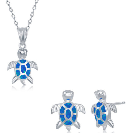 Women's Necklace and Earrings Set - Sterling Silver Blue Opal Turtle | SET-579 ,