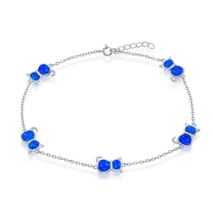 Women's Anklet - Sterling Silver Blue Inlay Opal Cat | R-9235 ,