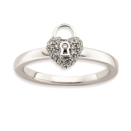 Sterling Silver Stackable Expressions Polished Diamond Heart Lock Ring | QSK651 ,