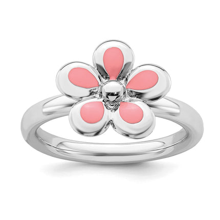 Sterling Silver Stackable Expressions Polished Pink Enameled Flower Ring | QSK121 ,