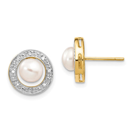 14k & Rhodium 5-6mm Button FW Cultured Pearl .05ct Diamond Post Earrings ,